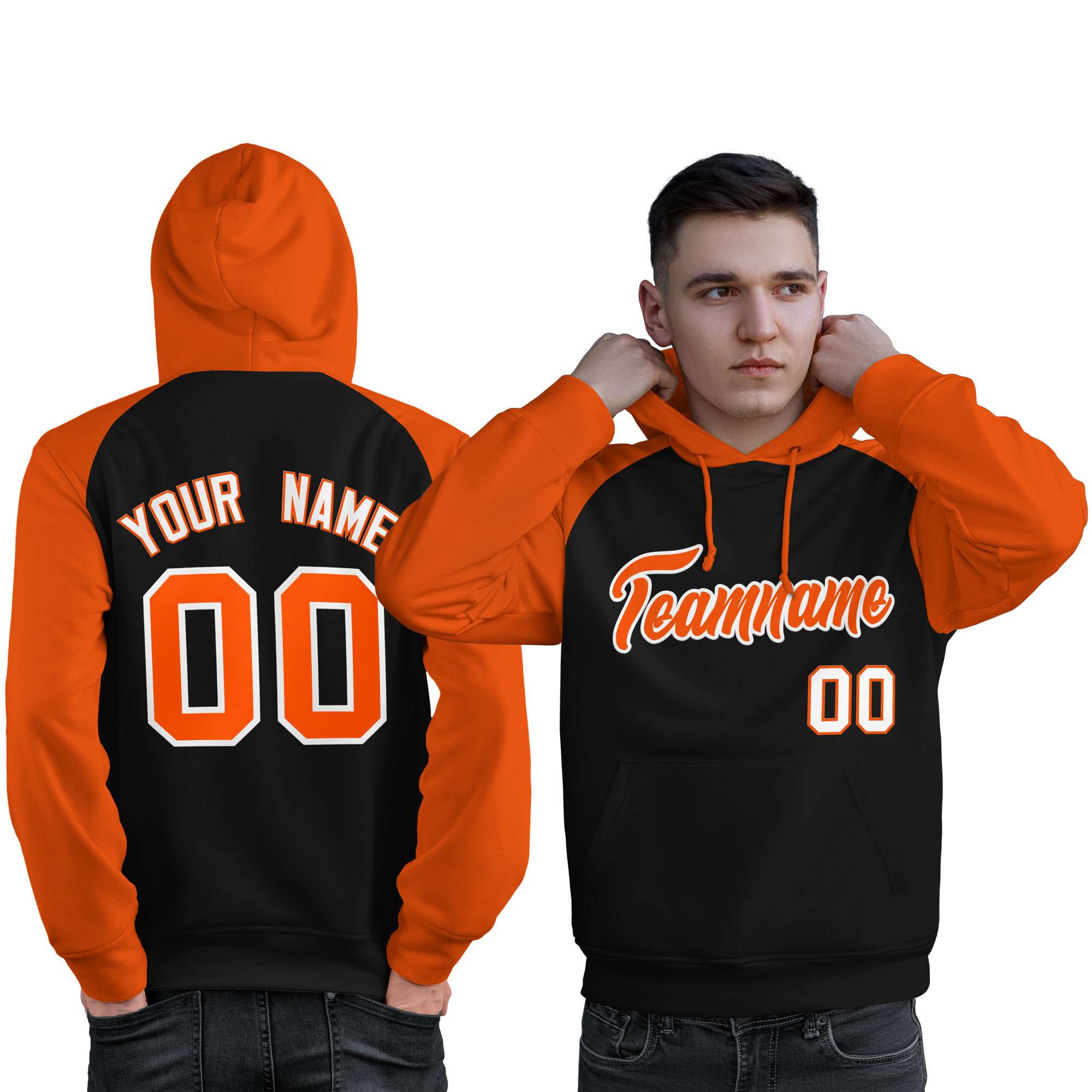 Custom Stitched Black Orange Raglan Sleeves Sports Pullover Sweatshirt Hoodie For Men