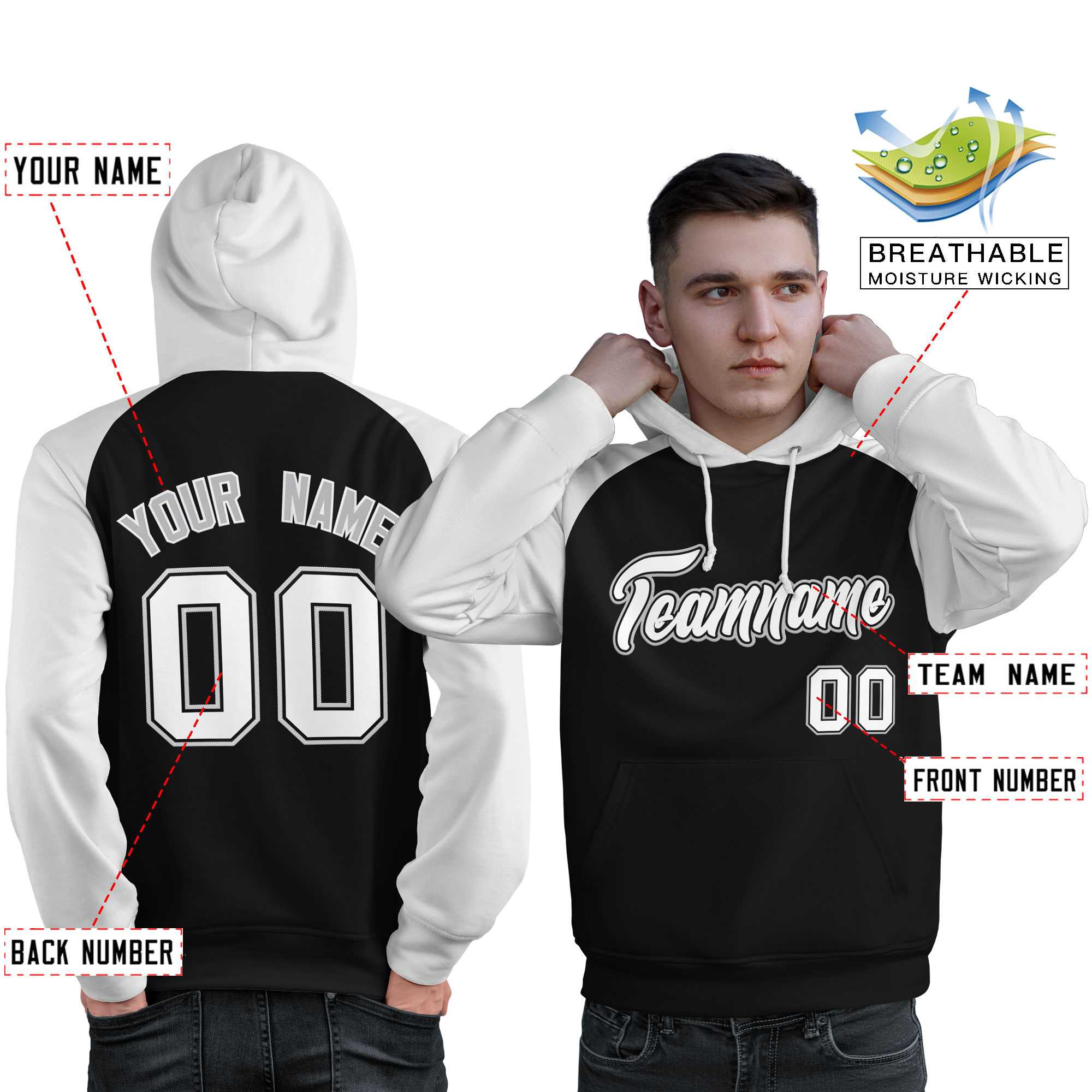 Custom Stitched Black White Raglan Sleeves Sports Pullover Sweatshirt Hoodie For Men