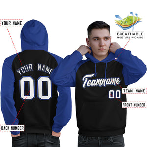 Custom Stitched Black Royal-White Raglan Sleeves Sports Pullover Sweatshirt Hoodie For Men