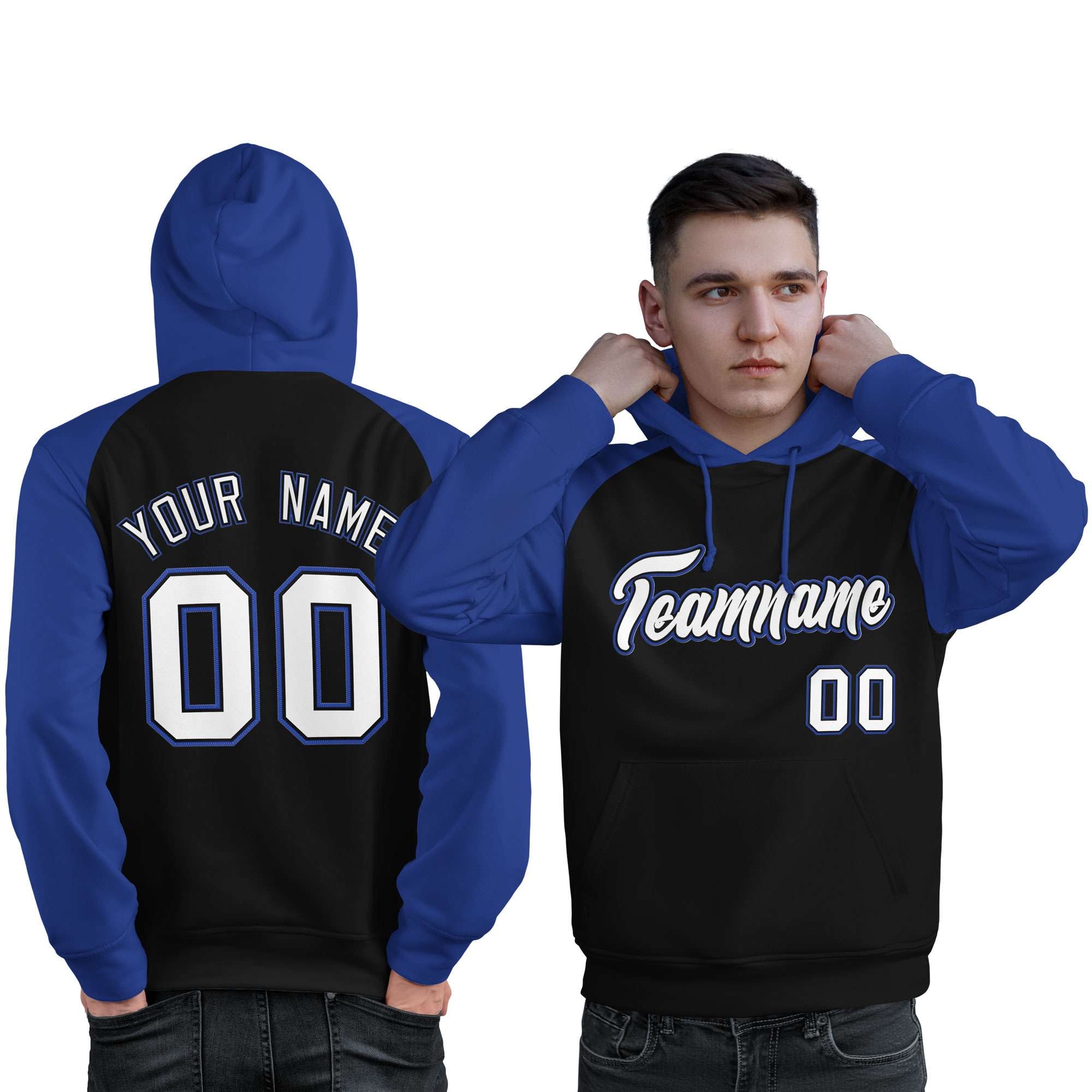 Custom Stitched Black Royal-White Raglan Sleeves Sports Pullover Sweatshirt Hoodie For Men