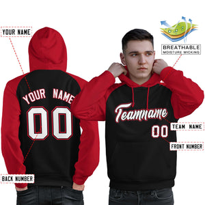 Custom Stitched Black Red-White Raglan Sleeves Sports Pullover Sweatshirt Hoodie For Men