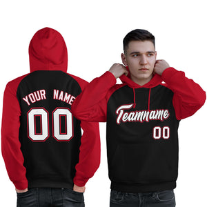 Custom Stitched Black Red-White Raglan Sleeves Sports Pullover Sweatshirt Hoodie For Men