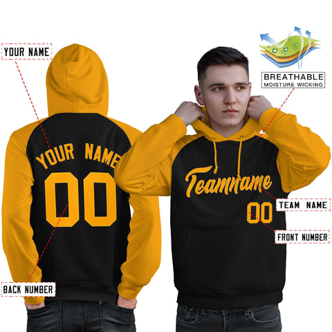 Custom Stitched Black Gold Raglan Sleeves Sports Pullover Sweatshirt Hoodie For Men