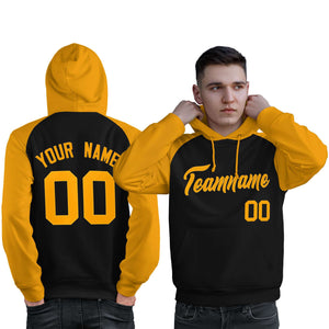 Custom Stitched Black Gold Raglan Sleeves Sports Pullover Sweatshirt Hoodie For Men