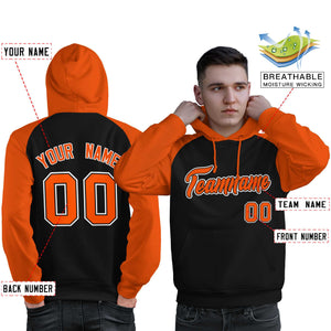 Custom Stitched Black Orange Raglan Sleeves Sports Pullover Sweatshirt Hoodie For Men