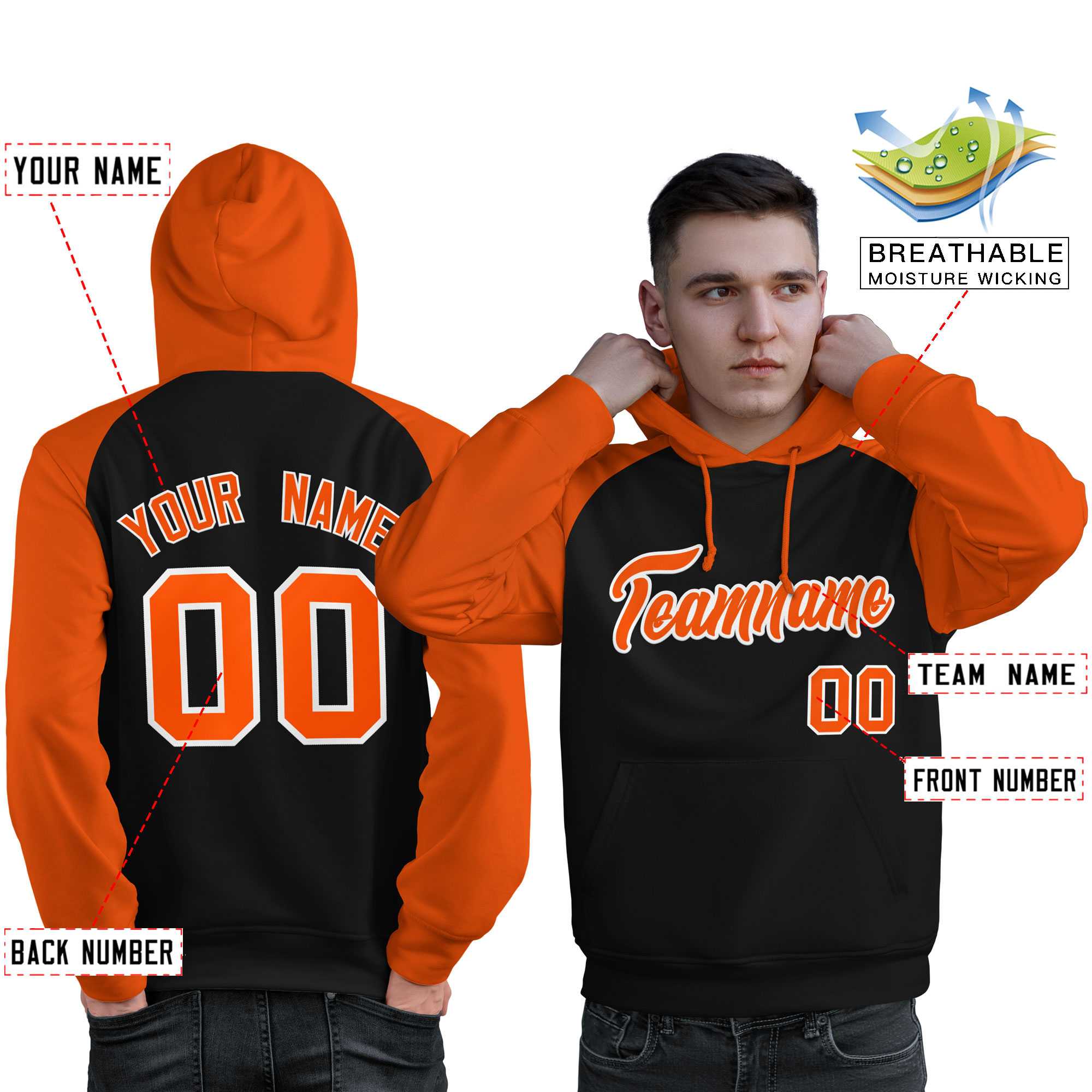 Custom Stitched Black Orange Raglan Sleeves Sports Pullover Sweatshirt Hoodie For Men