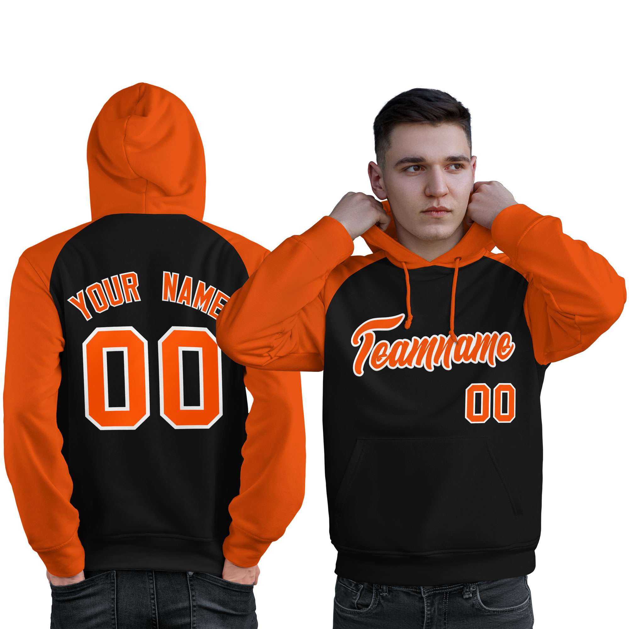 Custom Stitched Black Orange Raglan Sleeves Sports Pullover Sweatshirt Hoodie For Men