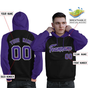 Custom Stitched Black Purple Raglan Sleeves Sports Pullover Sweatshirt Hoodie For Men