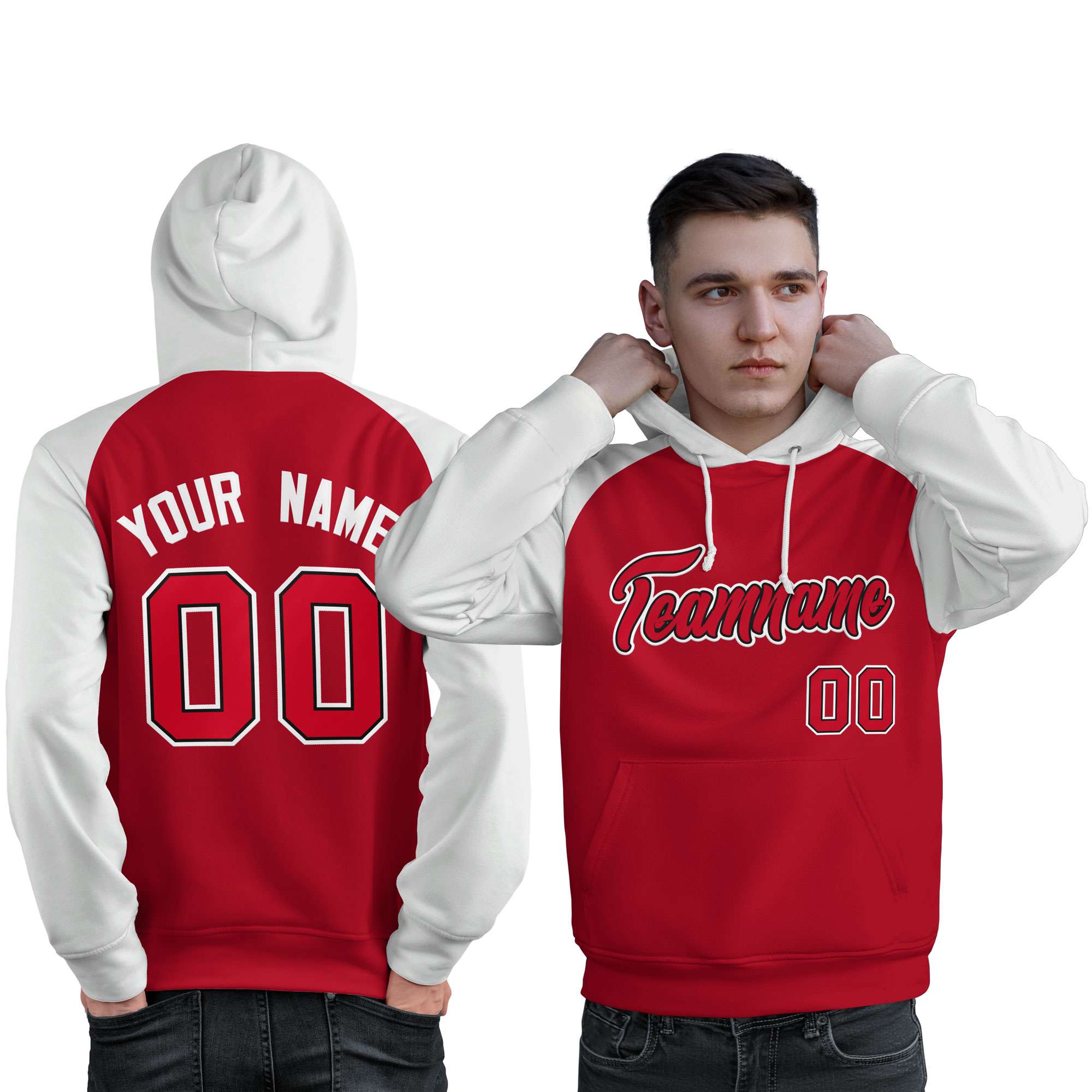 Custom Stitched Red White Raglan Sleeves Sports Pullover Sweatshirt Hoodie For Men