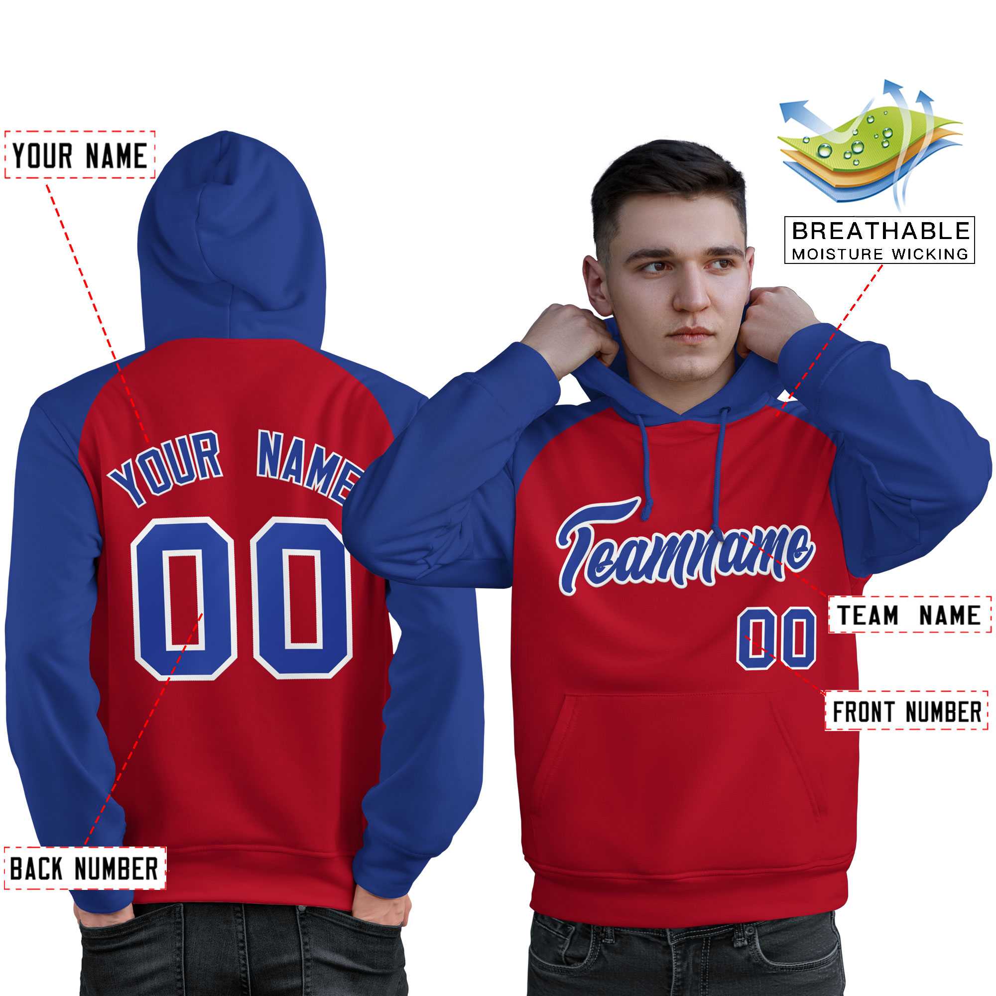 Custom Stitched Red Royal Raglan Sleeves Sports Pullover Sweatshirt Hoodie For Men