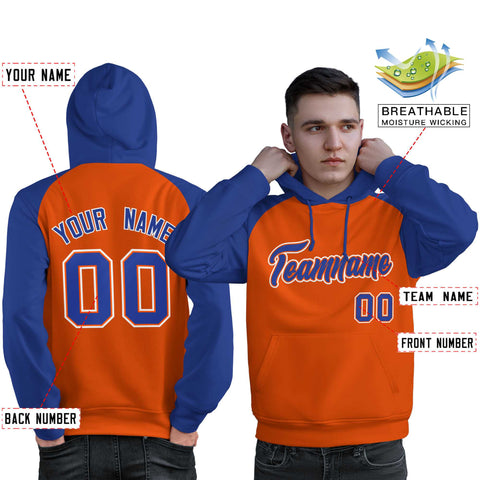 Custom Stitched Orange Royal Raglan Sleeves Sports Pullover Sweatshirt Hoodie For Men