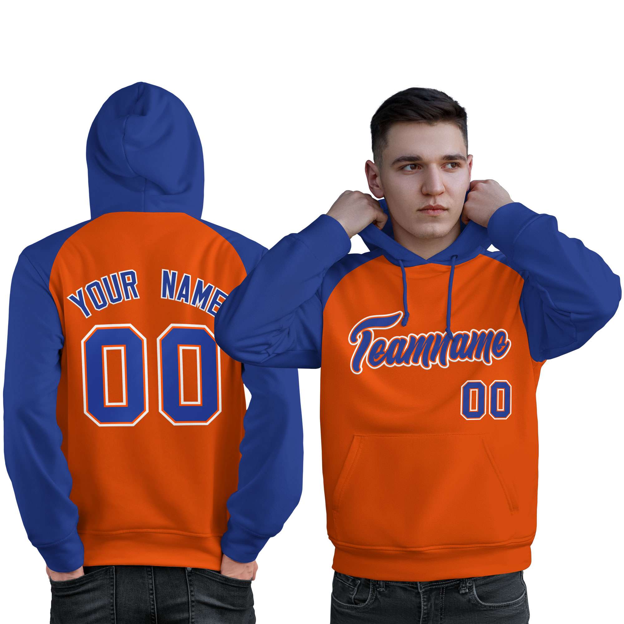 Custom Stitched Orange Royal Raglan Sleeves Sports Pullover Sweatshirt Hoodie For Men