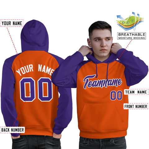 Custom Stitched Orange Purple Raglan Sleeves Sports Pullover Sweatshirt Hoodie For Men