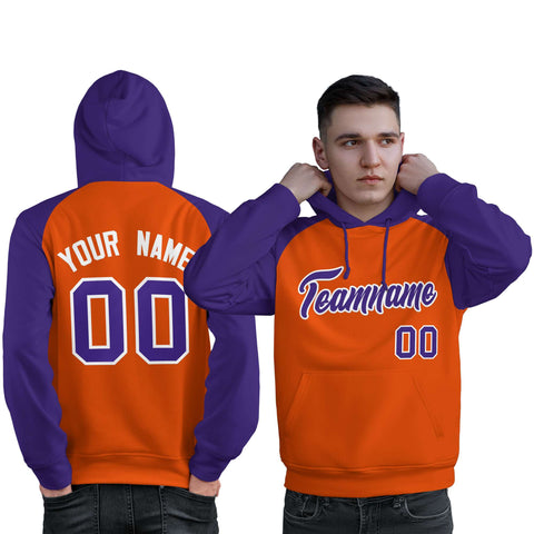 Custom Stitched Orange Purple Raglan Sleeves Sports Pullover Sweatshirt Hoodie For Men