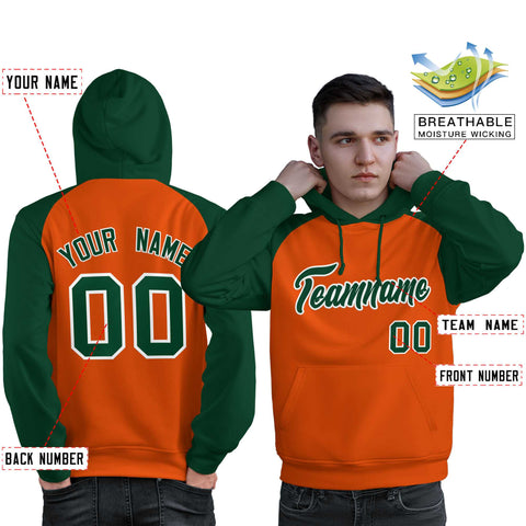 Custom Stitched Orange Green Raglan Sleeves Sports Pullover Sweatshirt Hoodie For Men