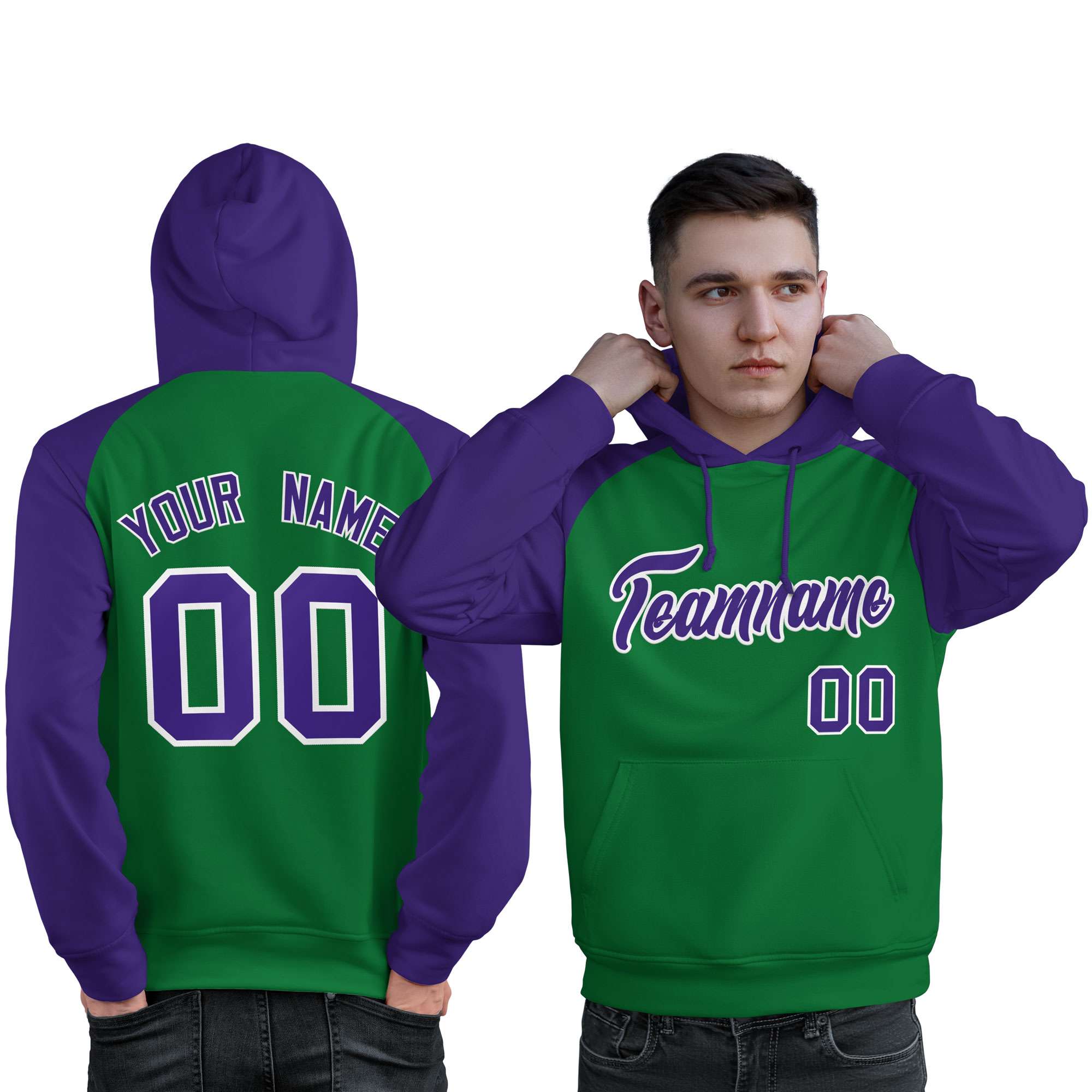 Custom Stitched Kelly Green Purple Raglan Sleeves Sports Pullover Sweatshirt Hoodie For Men