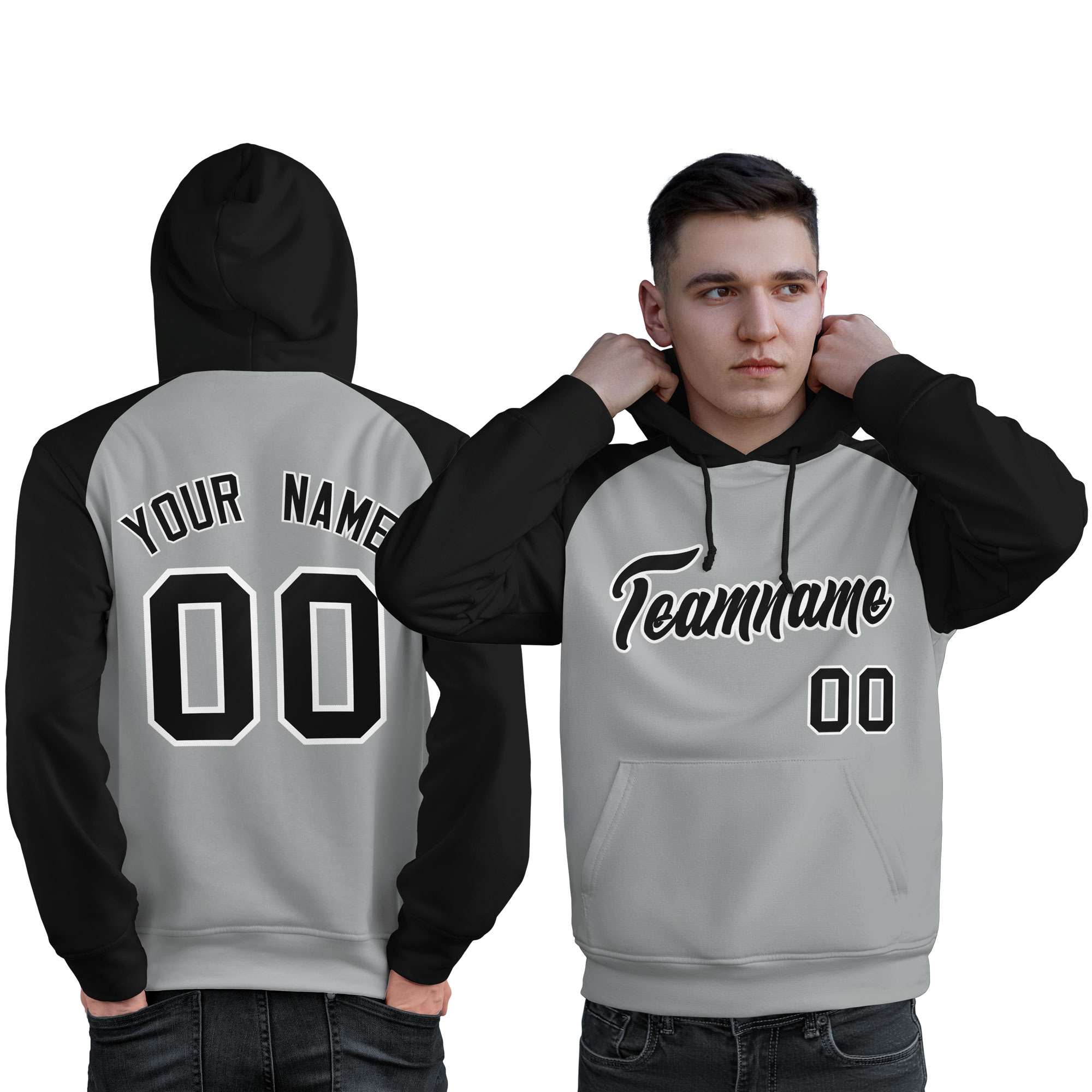 Custom Stitched Gray Black Raglan Sleeves Sports Pullover Sweatshirt Hoodie For Men