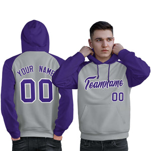 Custom Stitched Gray Purple Raglan Sleeves Sports Pullover Sweatshirt Hoodie For Men