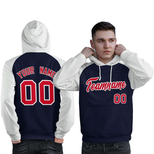 Custom Stitched Navy White-Red Raglan Sleeves Sports Pullover Sweatshirt Hoodie For Men