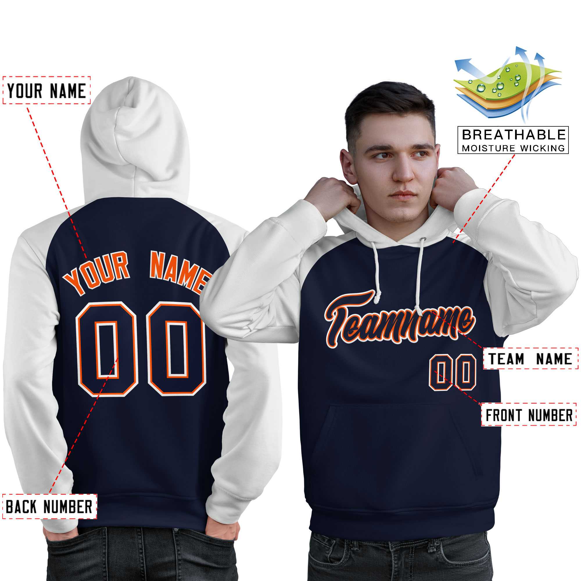 Custom Stitched Navy White Raglan Sleeves Sports Pullover Sweatshirt Hoodie For Men