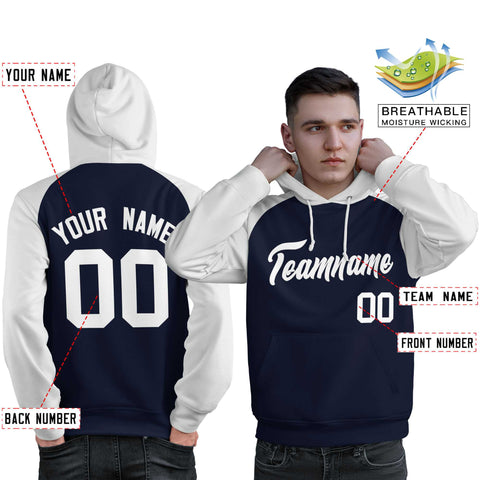 Custom Stitched Navy White Raglan Sleeves Sports Pullover Sweatshirt Hoodie For Men