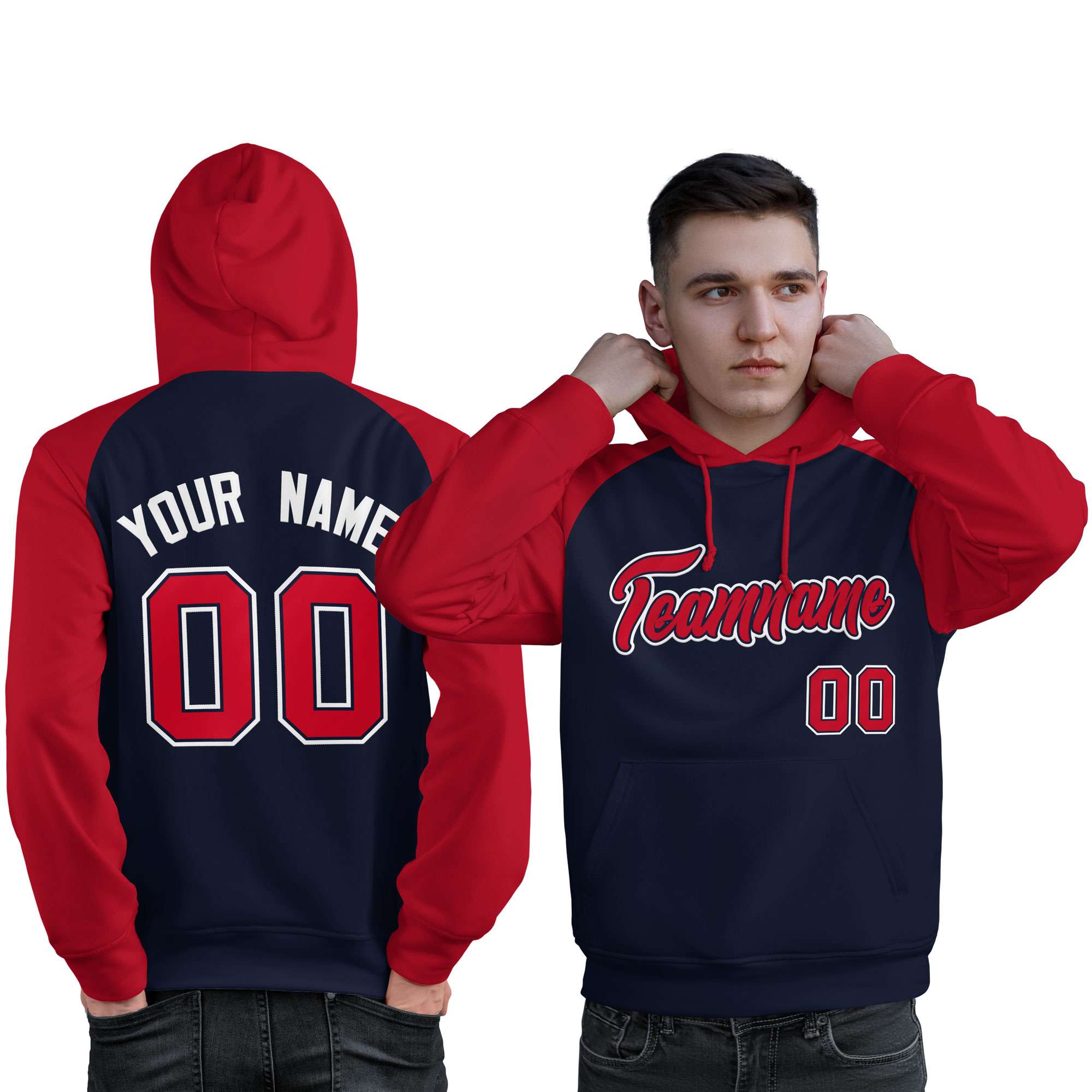 Custom Stitched Navy Red Raglan Sleeves Sports Pullover Sweatshirt Hoodie For Men