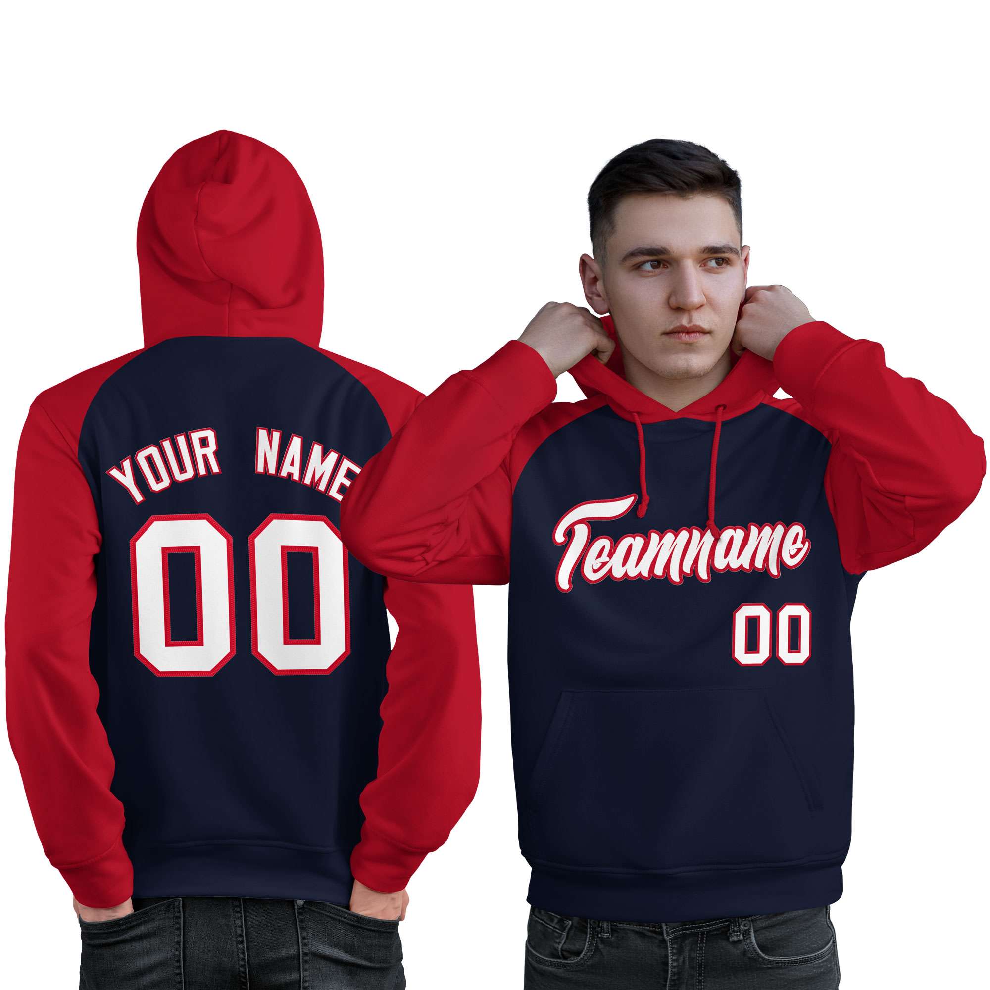 Custom Stitched Navy Red-White Raglan Sleeves Sports Pullover Sweatshirt Hoodie For Men