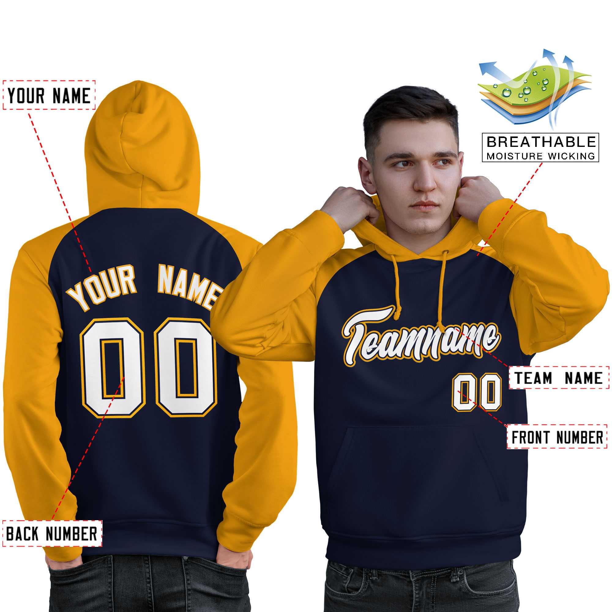 Custom Stitched Navy Gold-White Raglan Sleeves Sports Pullover Sweatshirt Hoodie For Men