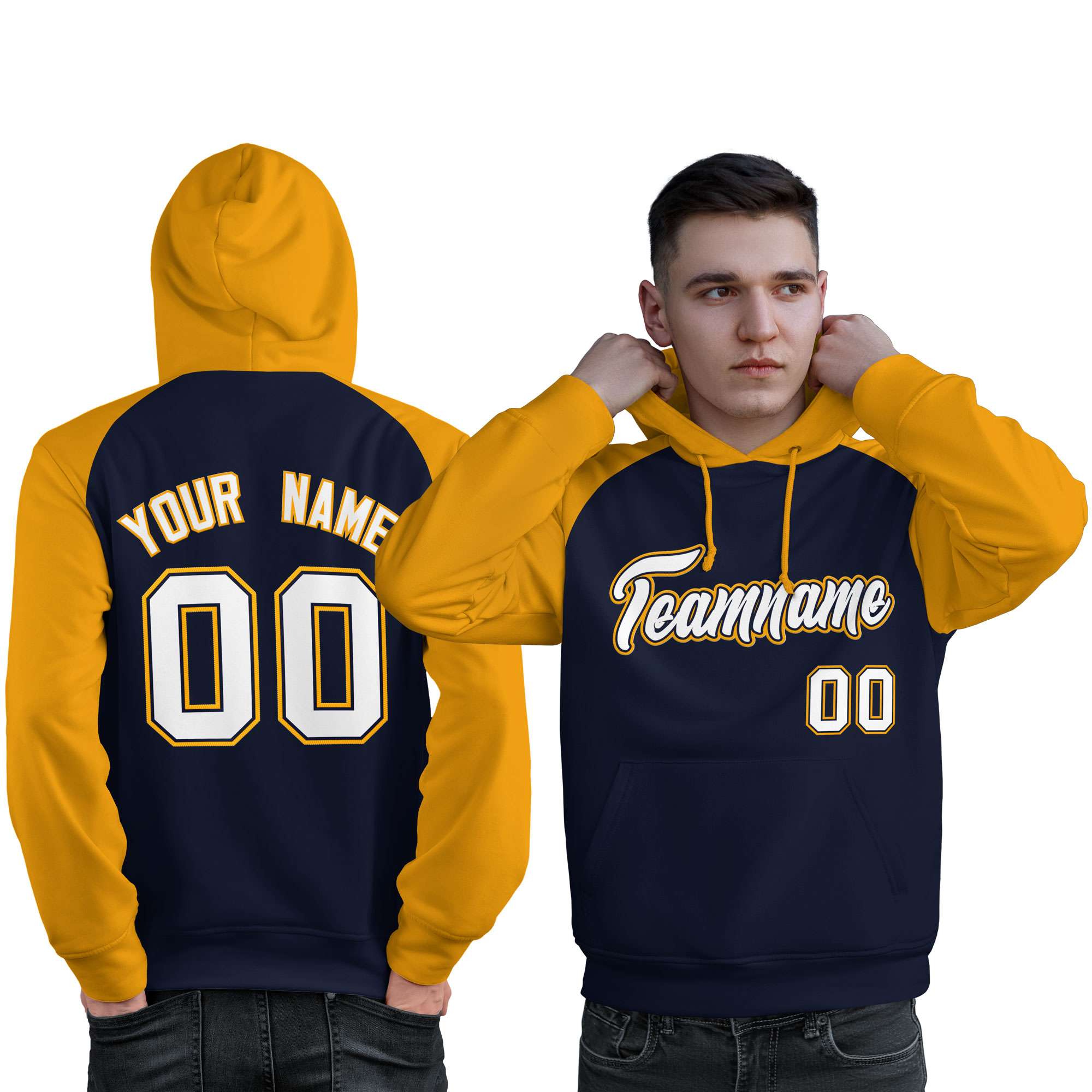 Custom Stitched Navy Gold-White Raglan Sleeves Sports Pullover Sweatshirt Hoodie For Men