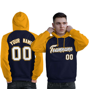 Custom Stitched Navy Gold-White Raglan Sleeves Sports Pullover Sweatshirt Hoodie For Men