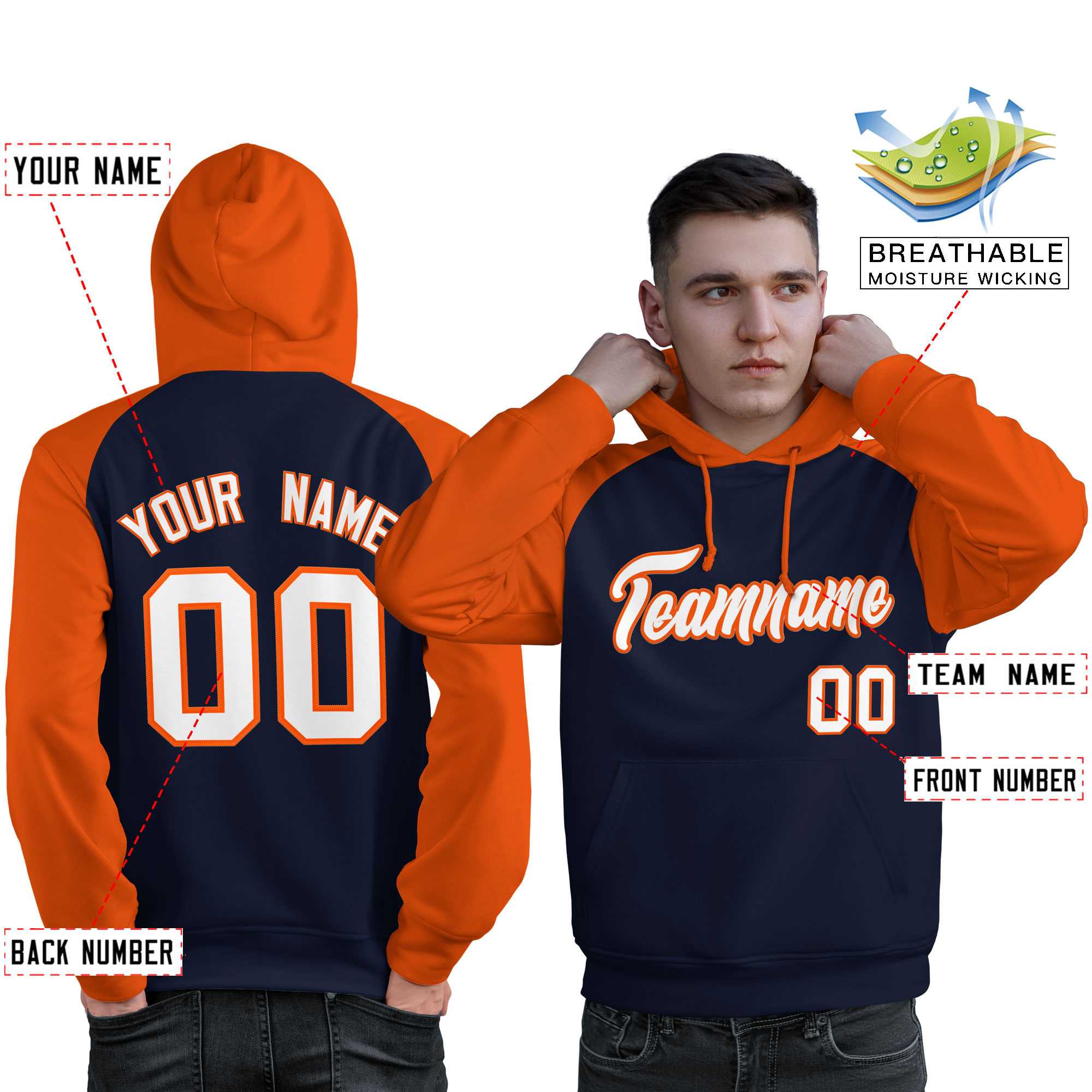 Custom Stitched Navy Orange-White Raglan Sleeves Sports Pullover Sweatshirt Hoodie For Men