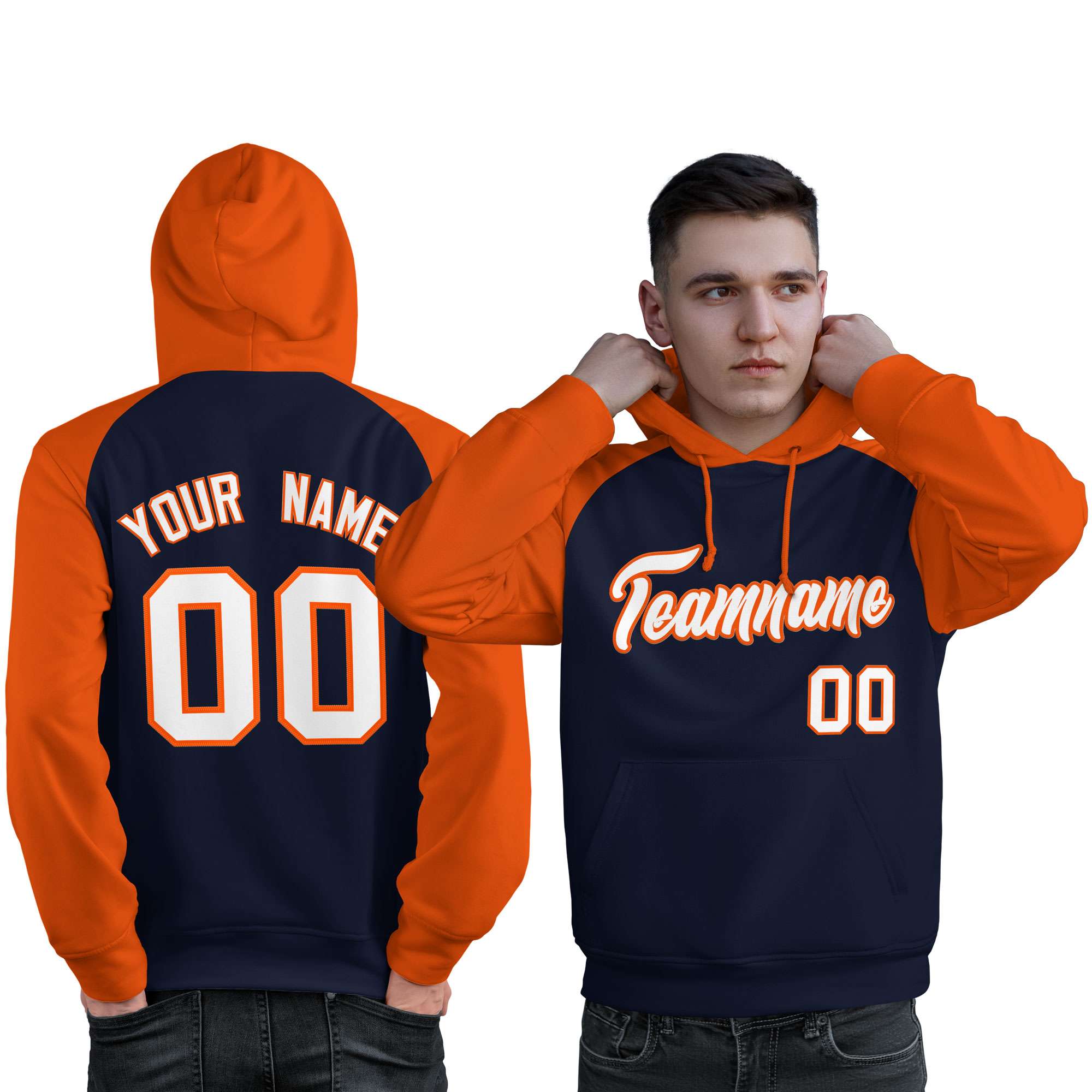 Custom Stitched Navy Orange-White Raglan Sleeves Sports Pullover Sweatshirt Hoodie For Men