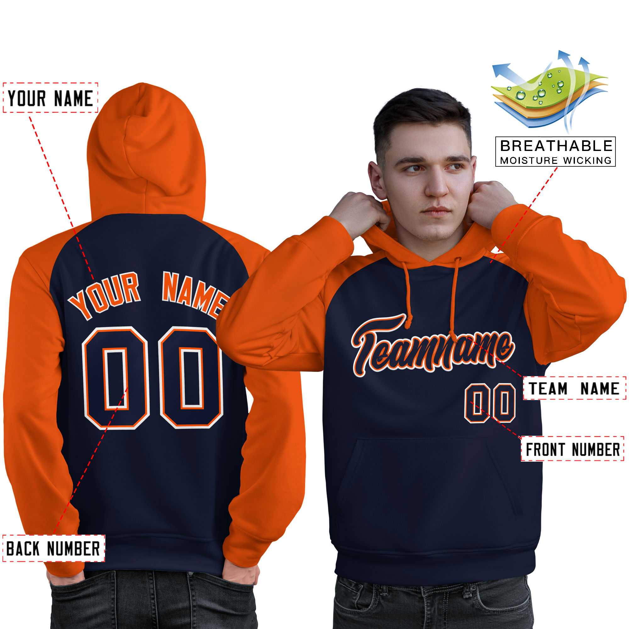 Custom Stitched Navy Orange Raglan Sleeves Sports Pullover Sweatshirt Hoodie For Men