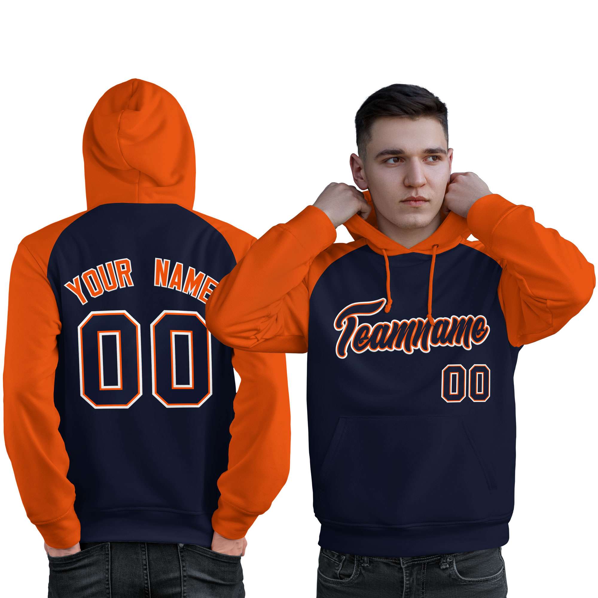 Custom Stitched Navy Orange Raglan Sleeves Sports Pullover Sweatshirt Hoodie For Men