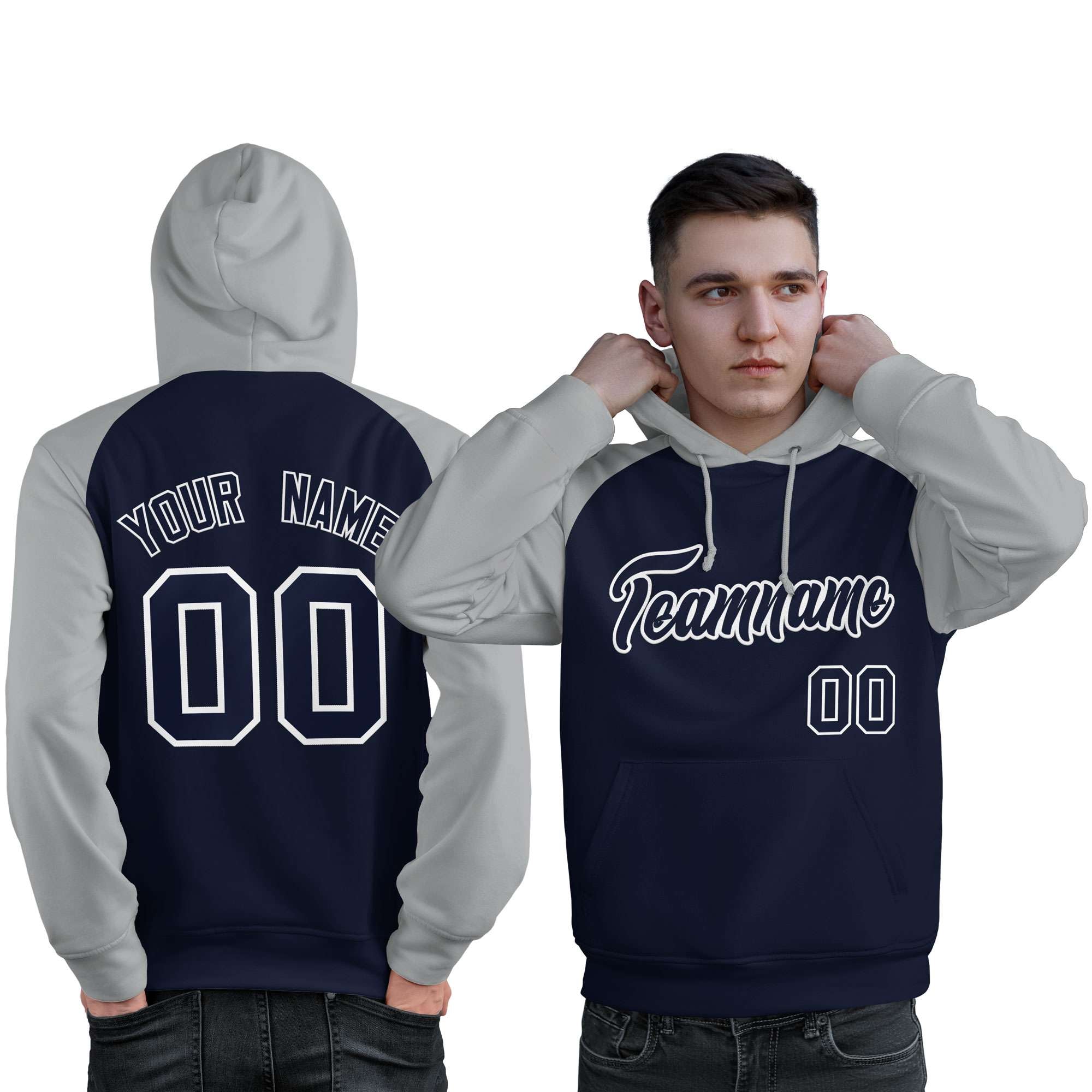 Custom Stitched Navy Gray Raglan Sleeves Sports Pullover Sweatshirt Hoodie For Men