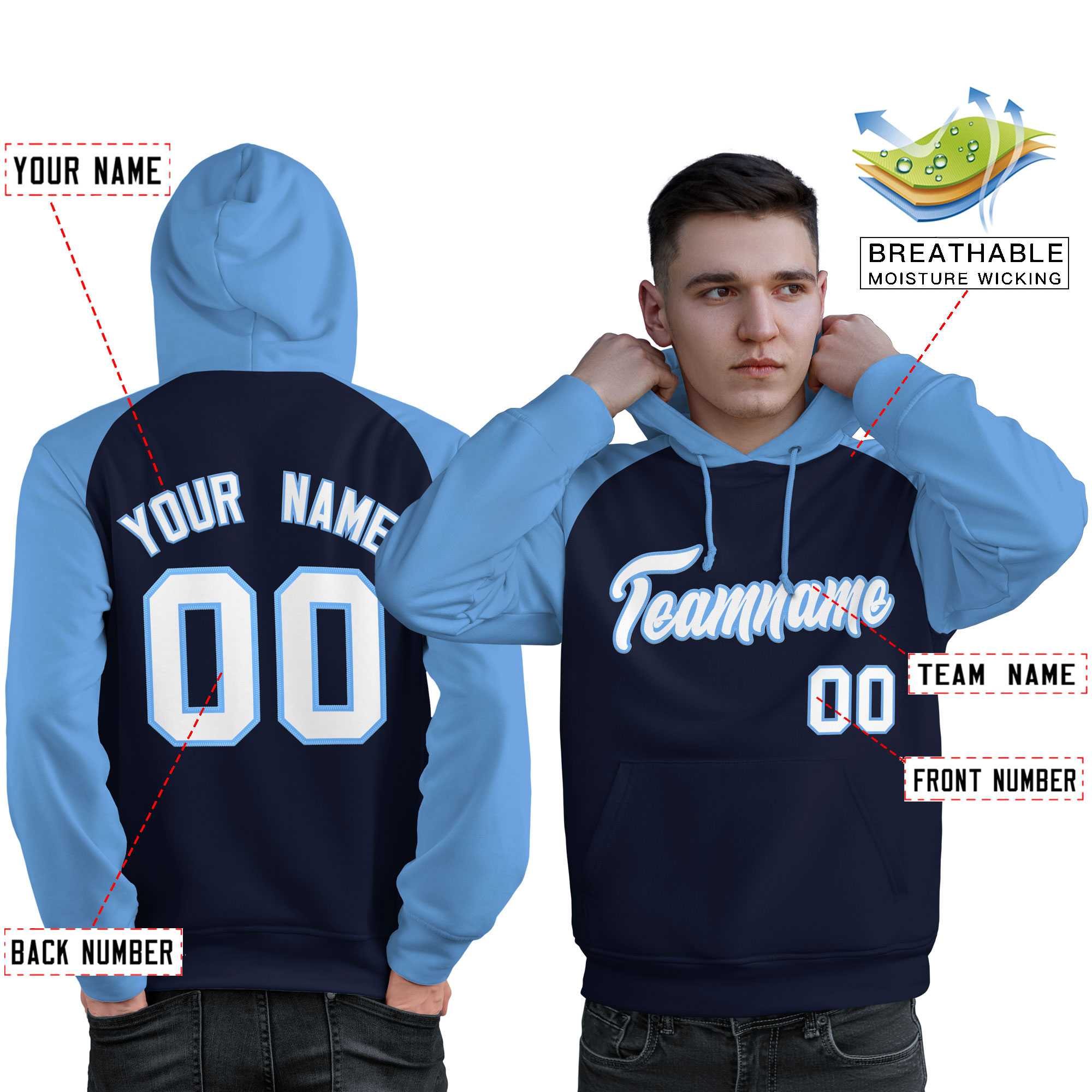 Custom Stitched Navy Powder Blue-White Raglan Sleeves Sports Pullover Sweatshirt Hoodie For Men