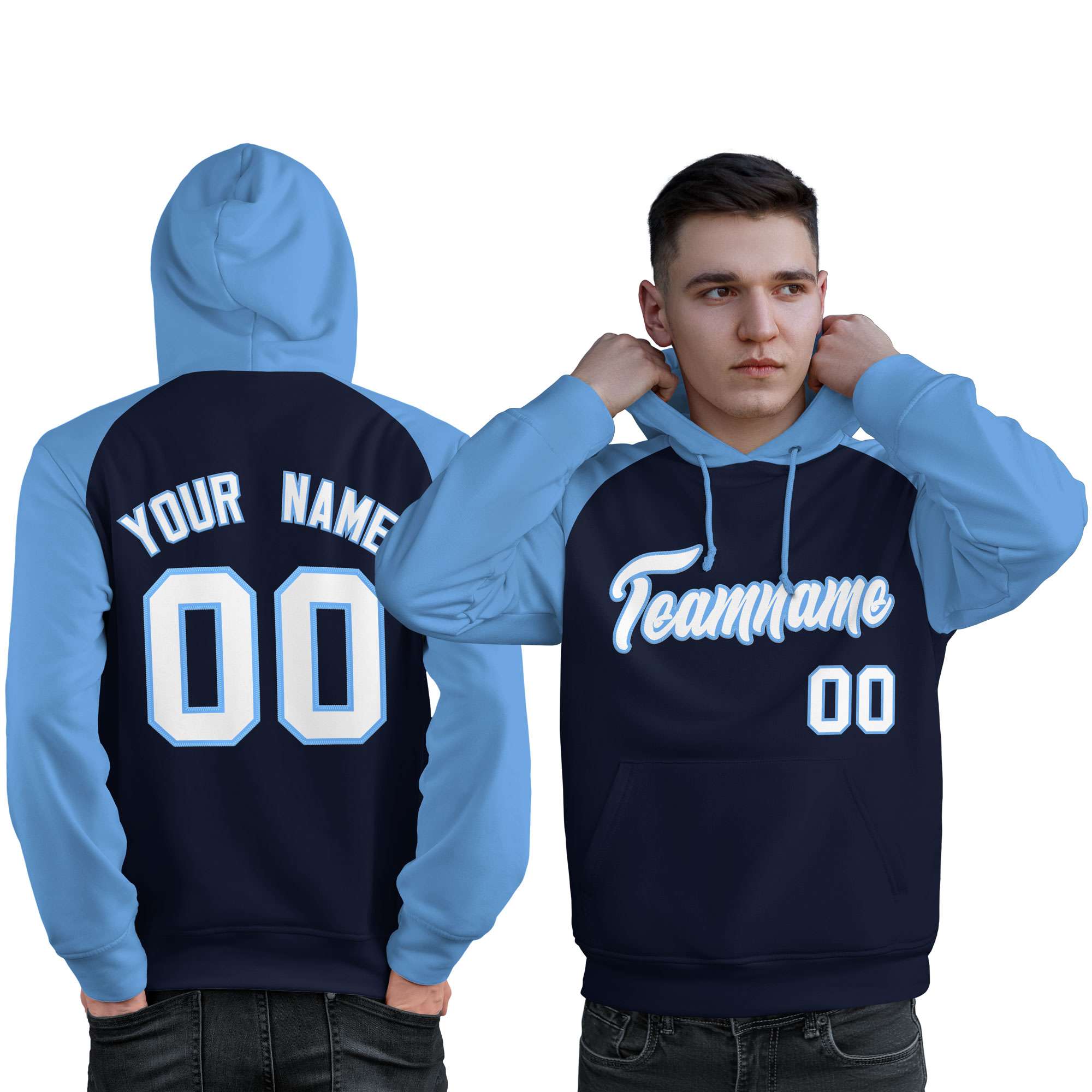 Custom Stitched Navy Powder Blue-White Raglan Sleeves Sports Pullover Sweatshirt Hoodie For Men