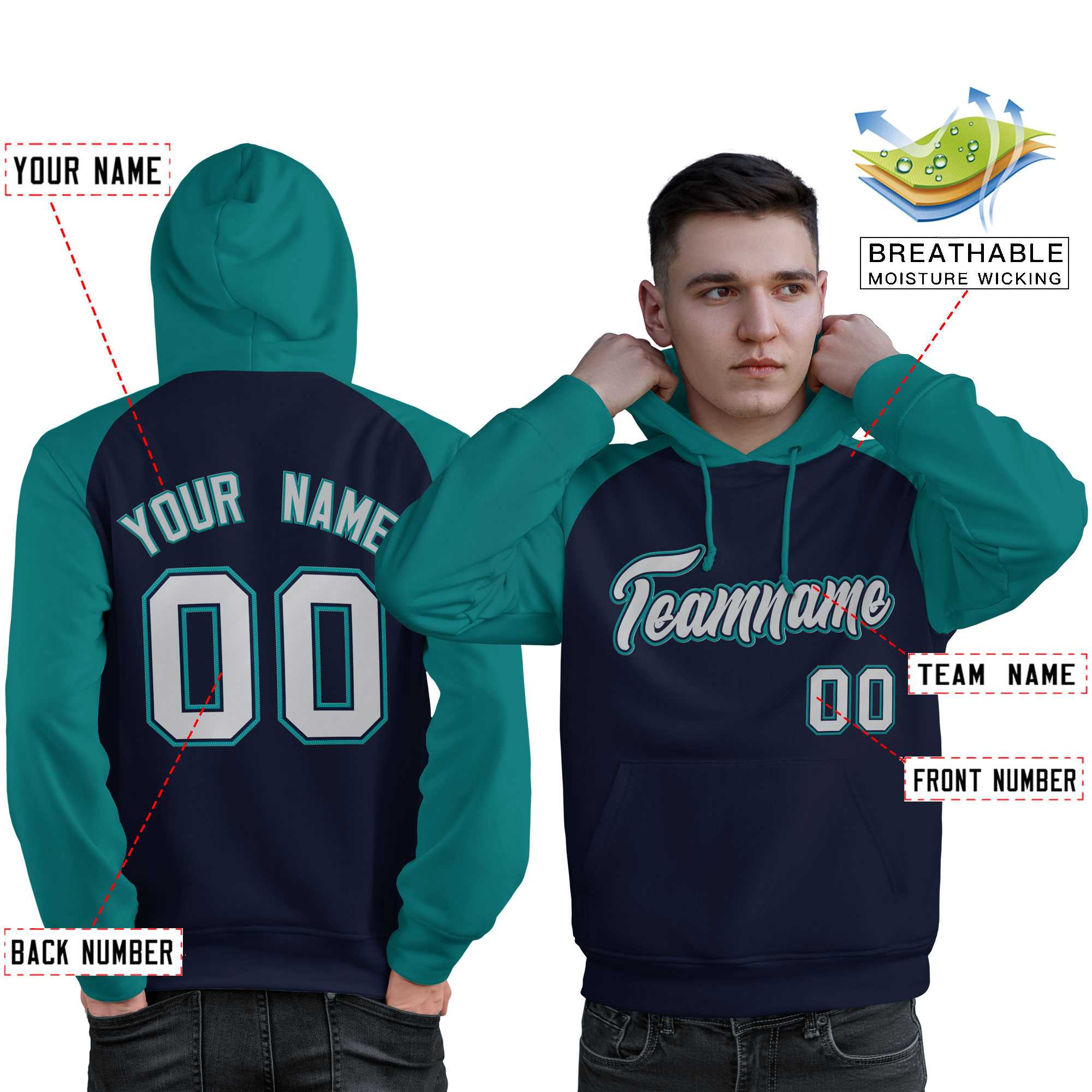 Custom Stitched Navy Aqua-Gray Raglan Sleeves Sports Pullover Sweatshirt Hoodie For Men