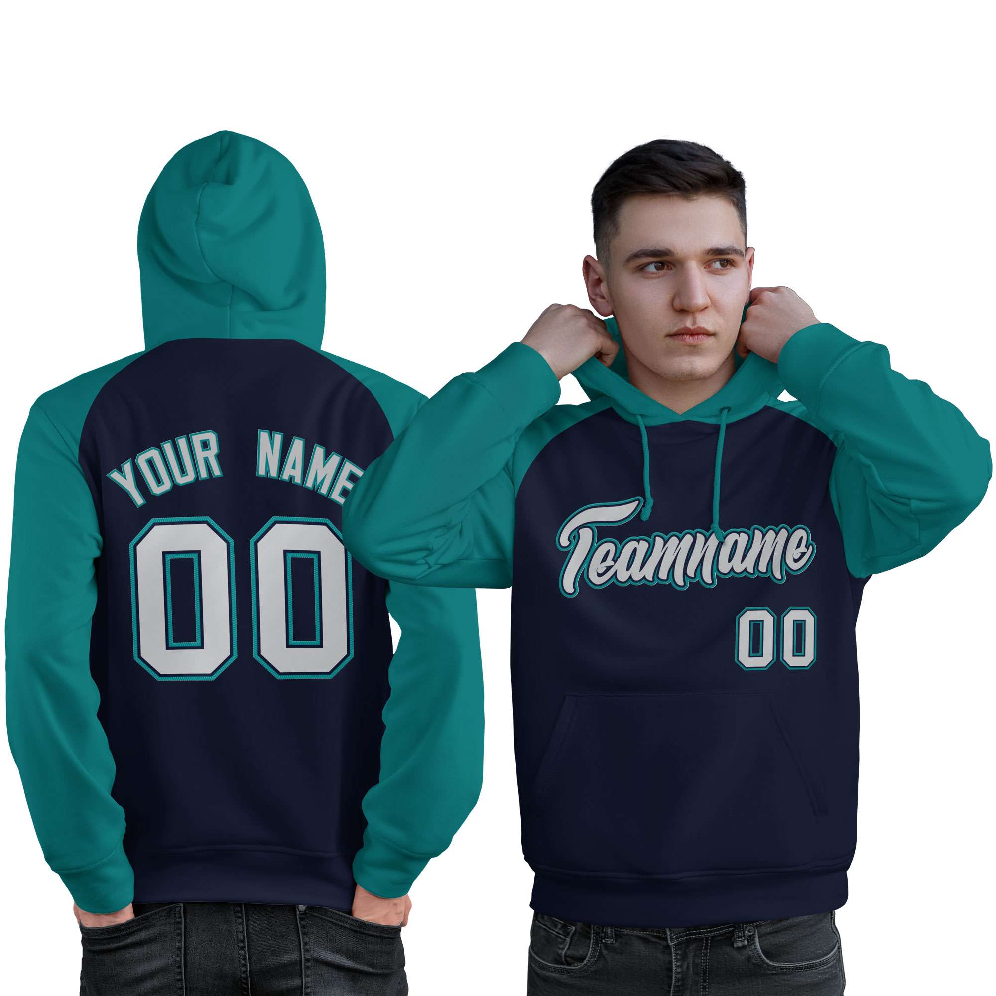 Custom Stitched Navy Aqua-Gray Raglan Sleeves Sports Pullover Sweatshirt Hoodie For Men