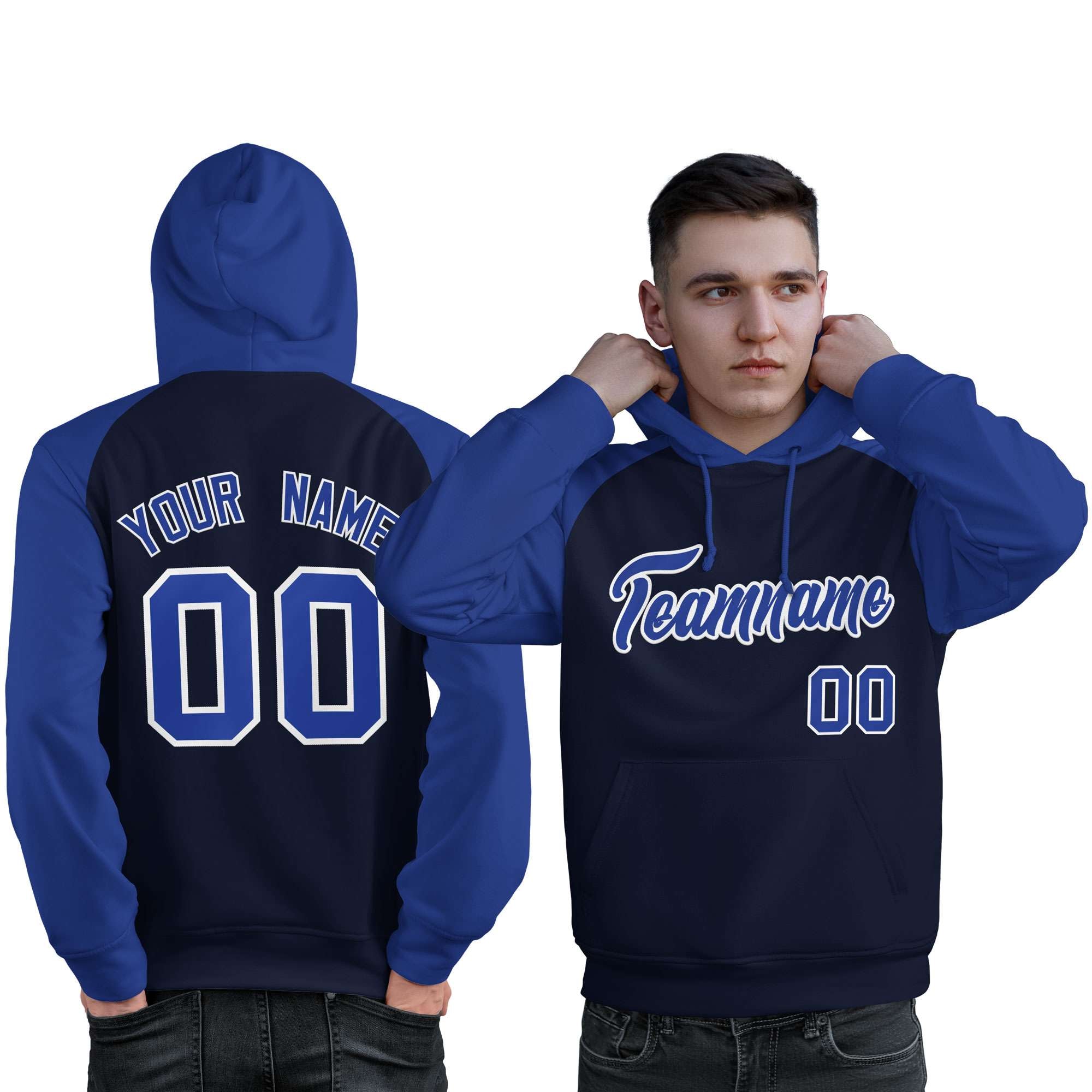 Custom Stitched Navy Royal Raglan Sleeves Sports Pullover Sweatshirt Hoodie For Men