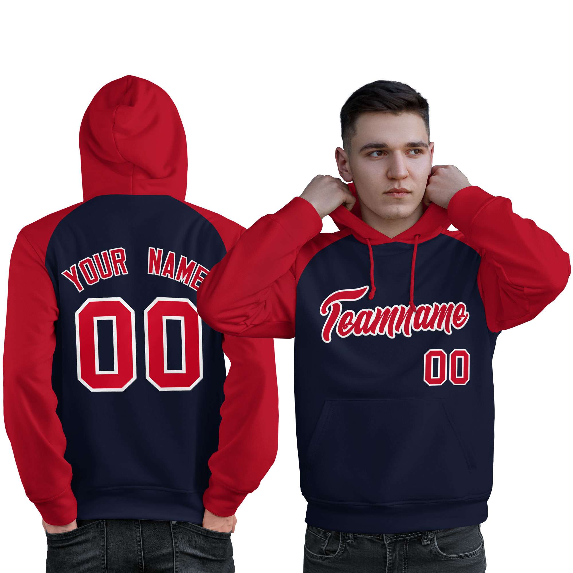 Custom Stitched Navy Red Raglan Sleeves Sports Pullover Sweatshirt Hoodie For Men