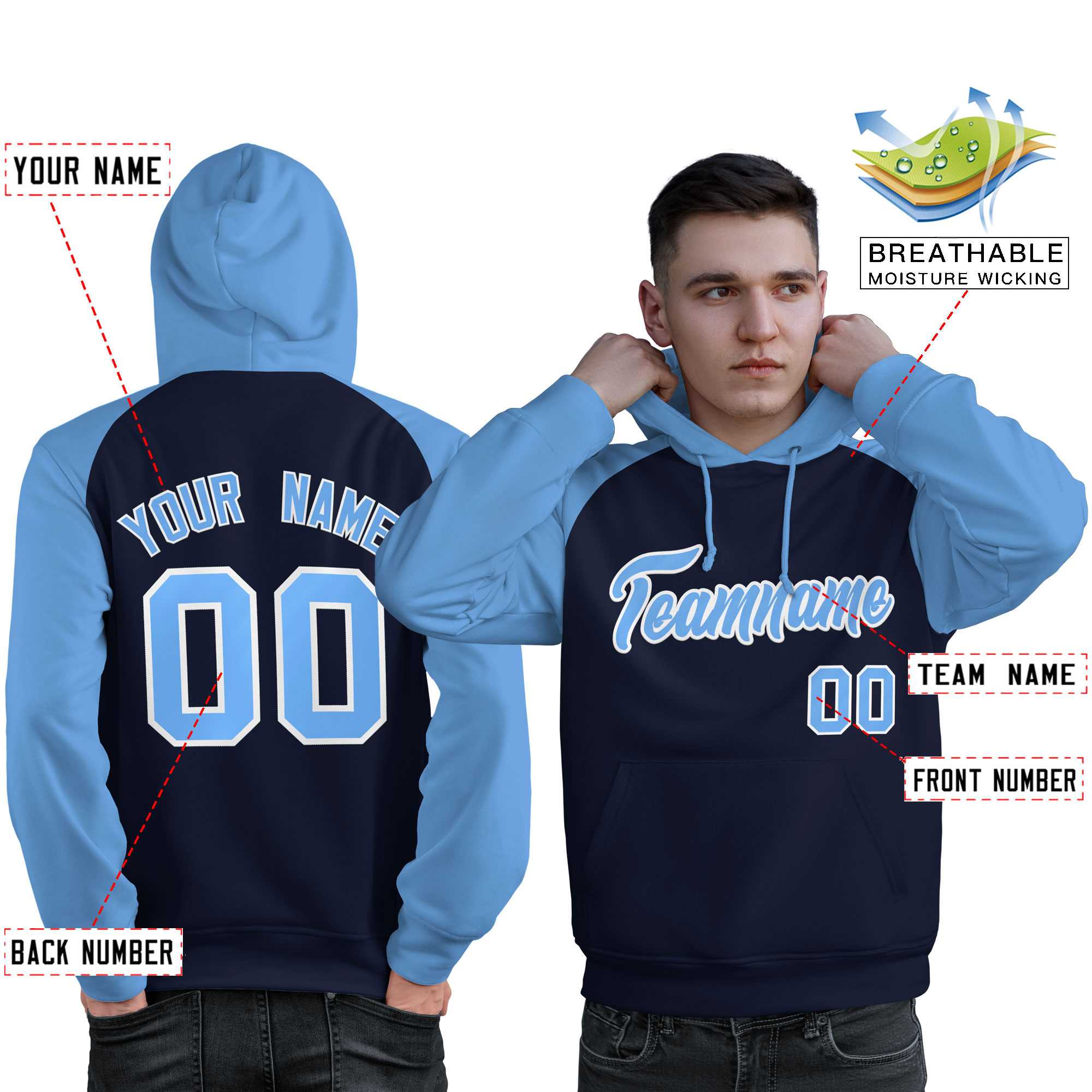 Custom Stitched Navy Powder Blue Raglan Sleeves Sports Pullover Sweatshirt Hoodie For Men