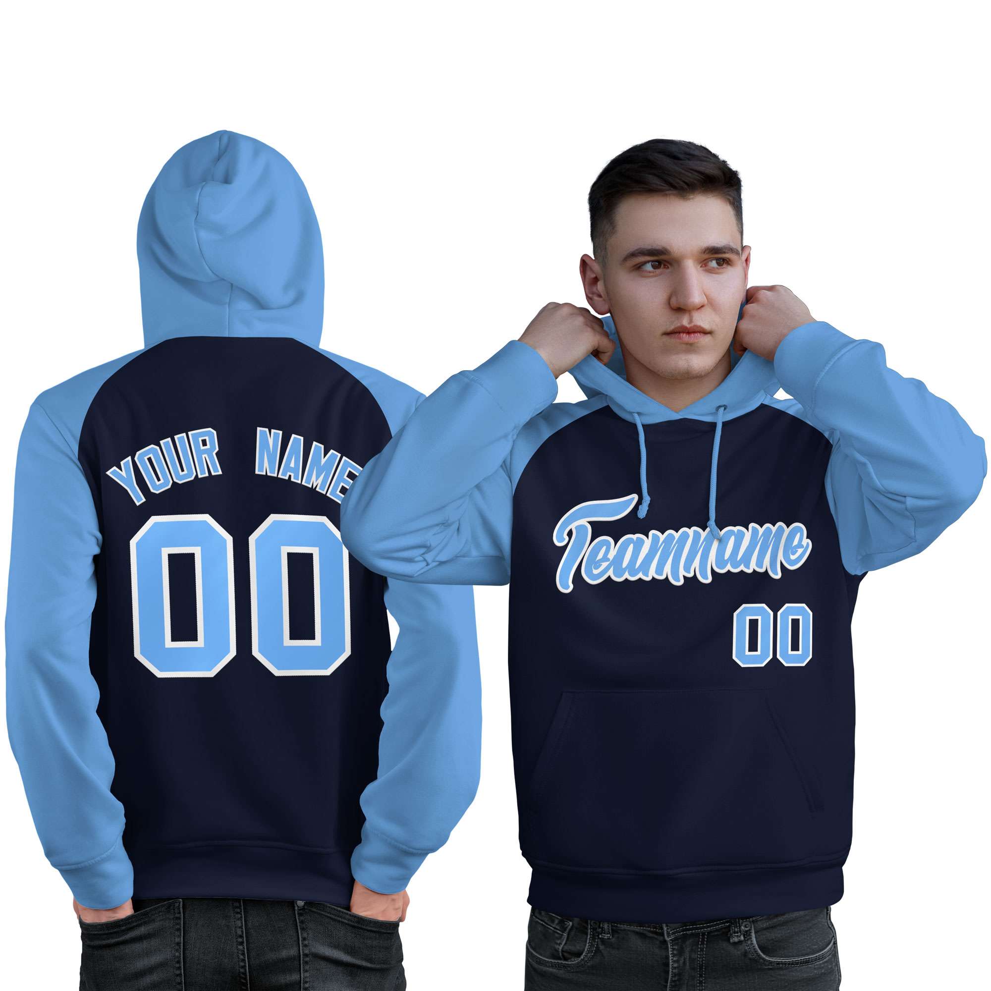 Custom Stitched Navy Powder Blue Raglan Sleeves Sports Pullover Sweatshirt Hoodie For Men