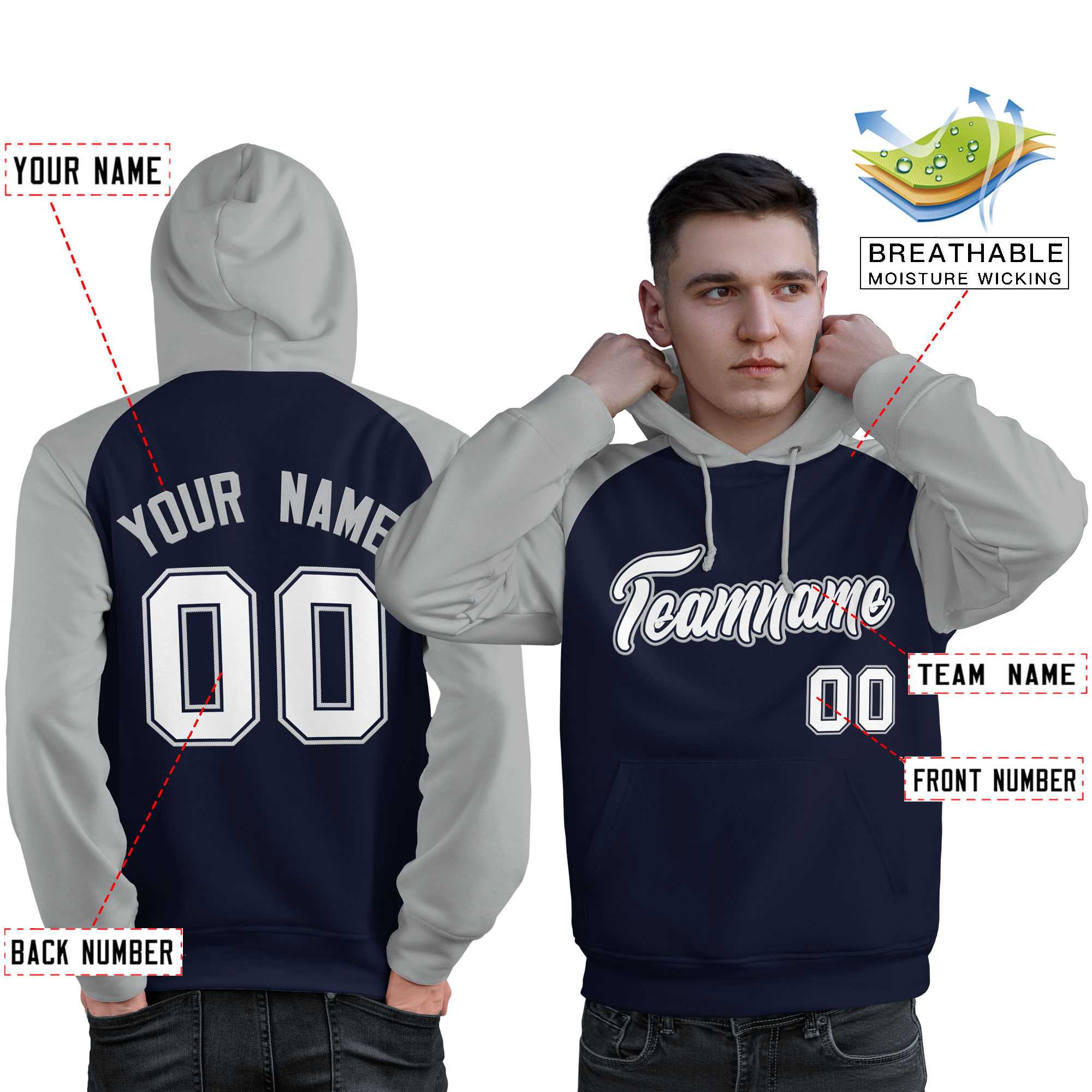 Custom Stitched Navy Gray-White Raglan Sleeves Sports Pullover Sweatshirt Hoodie For Men