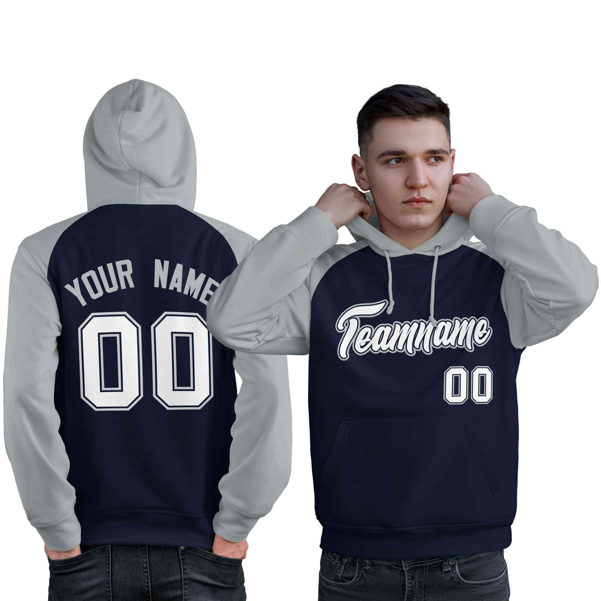 Custom Stitched Navy Gray-White Raglan Sleeves Sports Pullover Sweatshirt Hoodie For Men