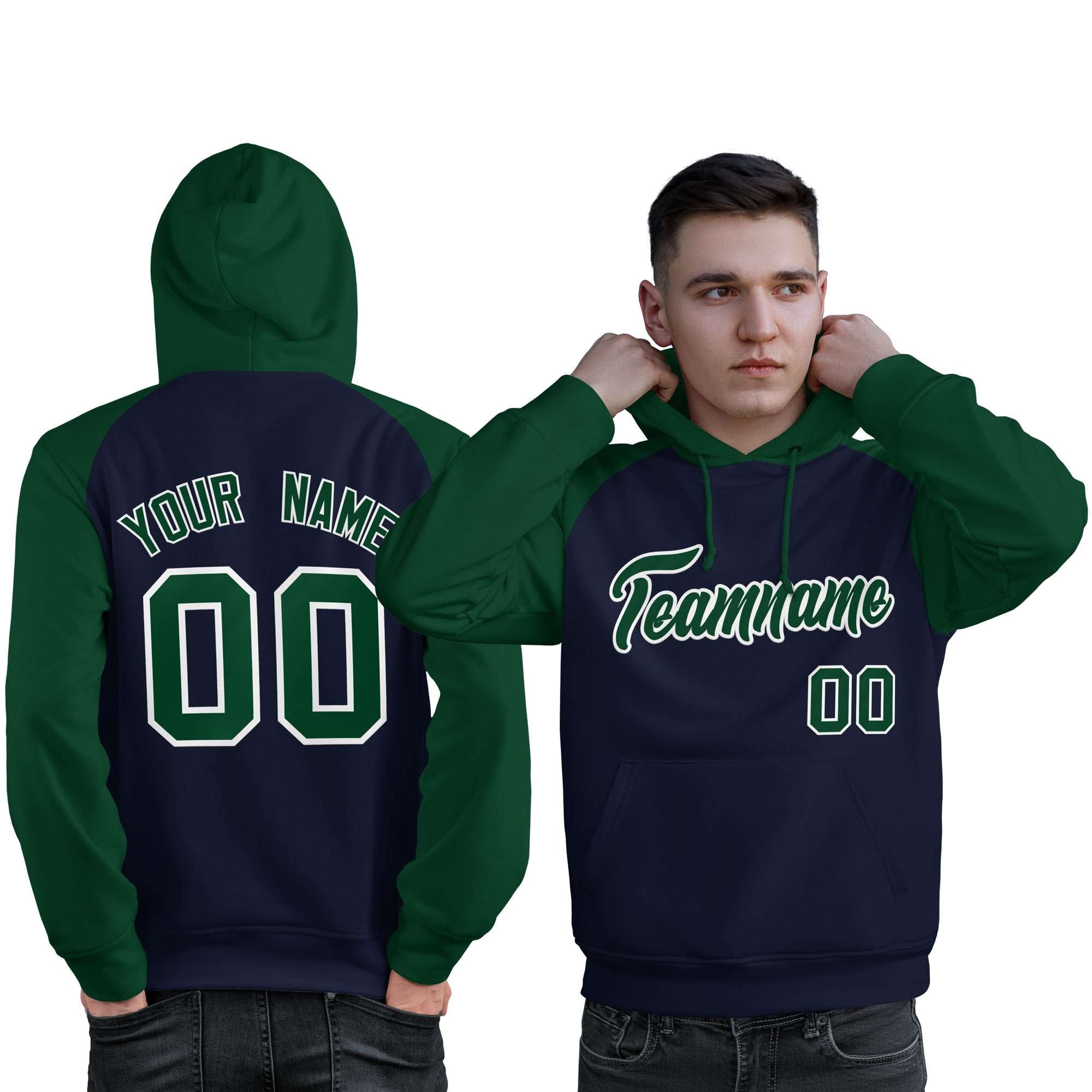 Custom Stitched Navy Green Raglan Sleeves Sports Pullover Sweatshirt Hoodie For Men