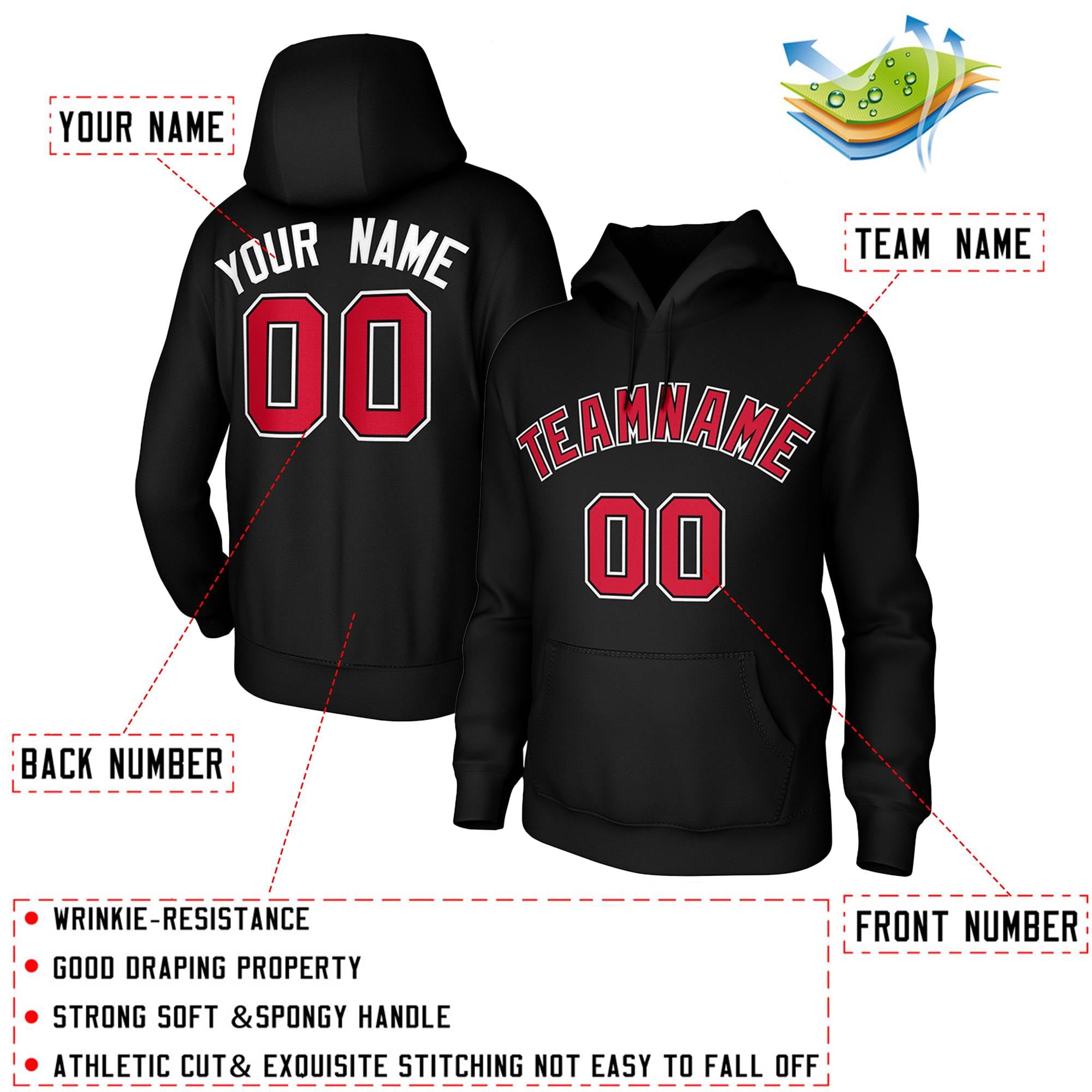 Custom Black Red-Black-White Classic Style Sweatshirts Uniform Pullover Hoodie