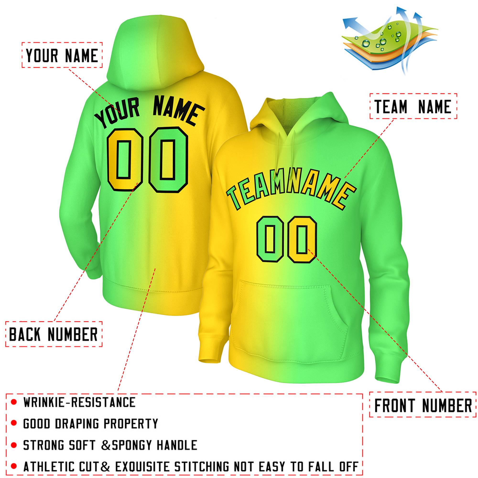 Custom Stitched Neon Green Gold Gradient Fashion Athletic Pullover Sweatshirt Hoodie