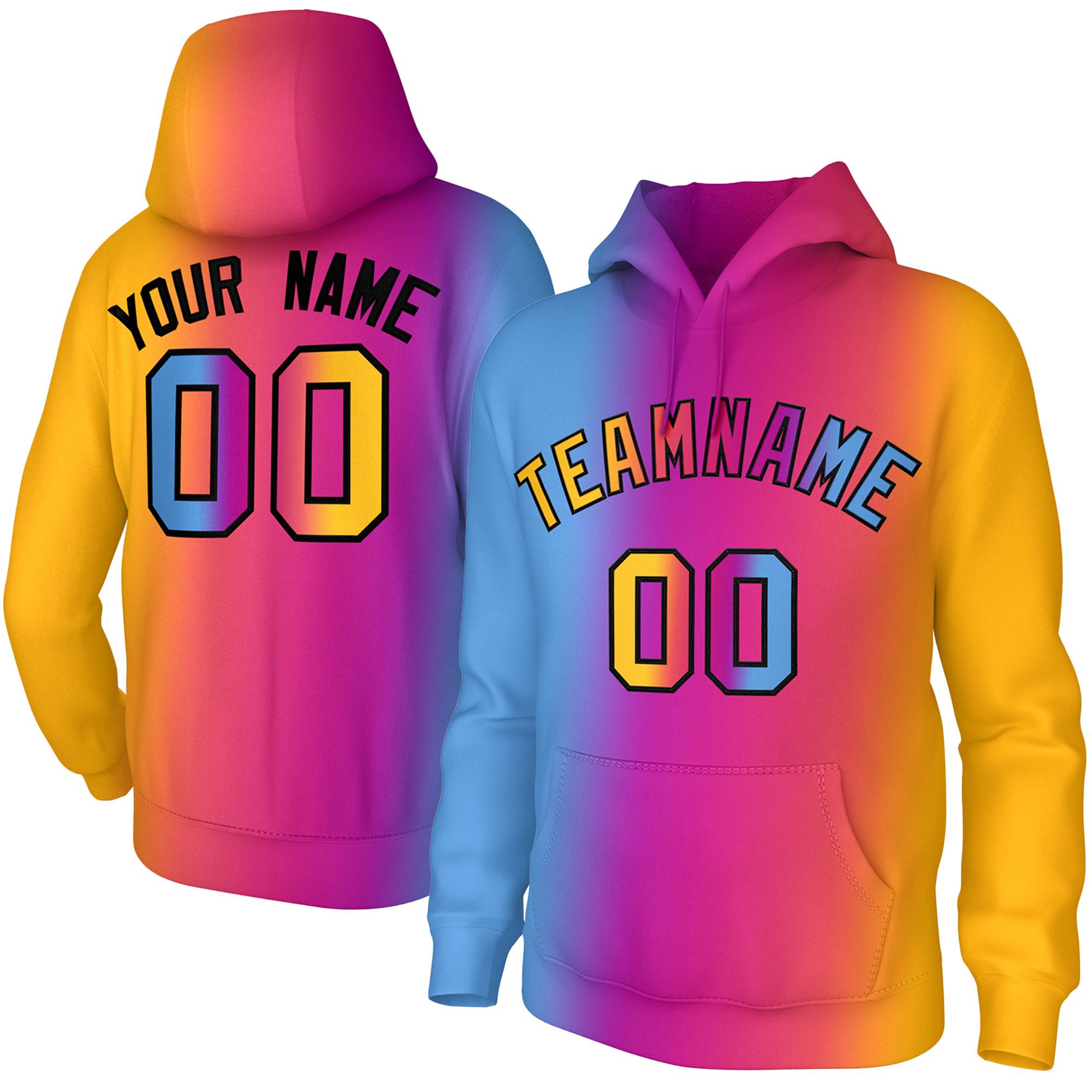 Custom Stitched Powder Blue Purple Pink-Yellow Gradient Fashion Athletic Pullover Sweatshirt Hoodie