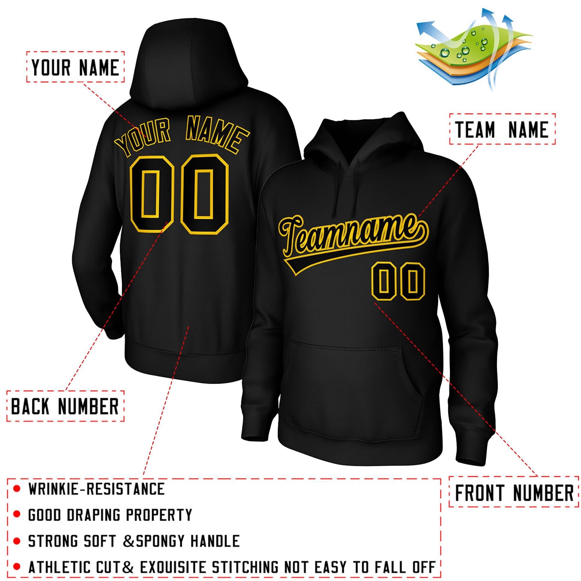 Custom Black Yellow Classic Style Sports Uniform Pullover Hoodie